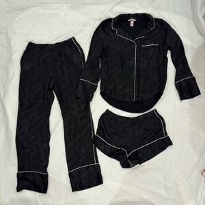 Victoria’s Secret 3 Piece Satin Pajama Set‎ Black Button Up Top Pants Shorts